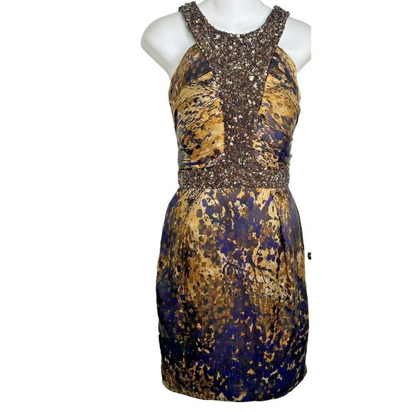 THEIA SEQUIN SILK EVENING ANIMAL EXOTIC‎ PRINT SHEATH DRESS SZ 6 HIGH END LUXURY